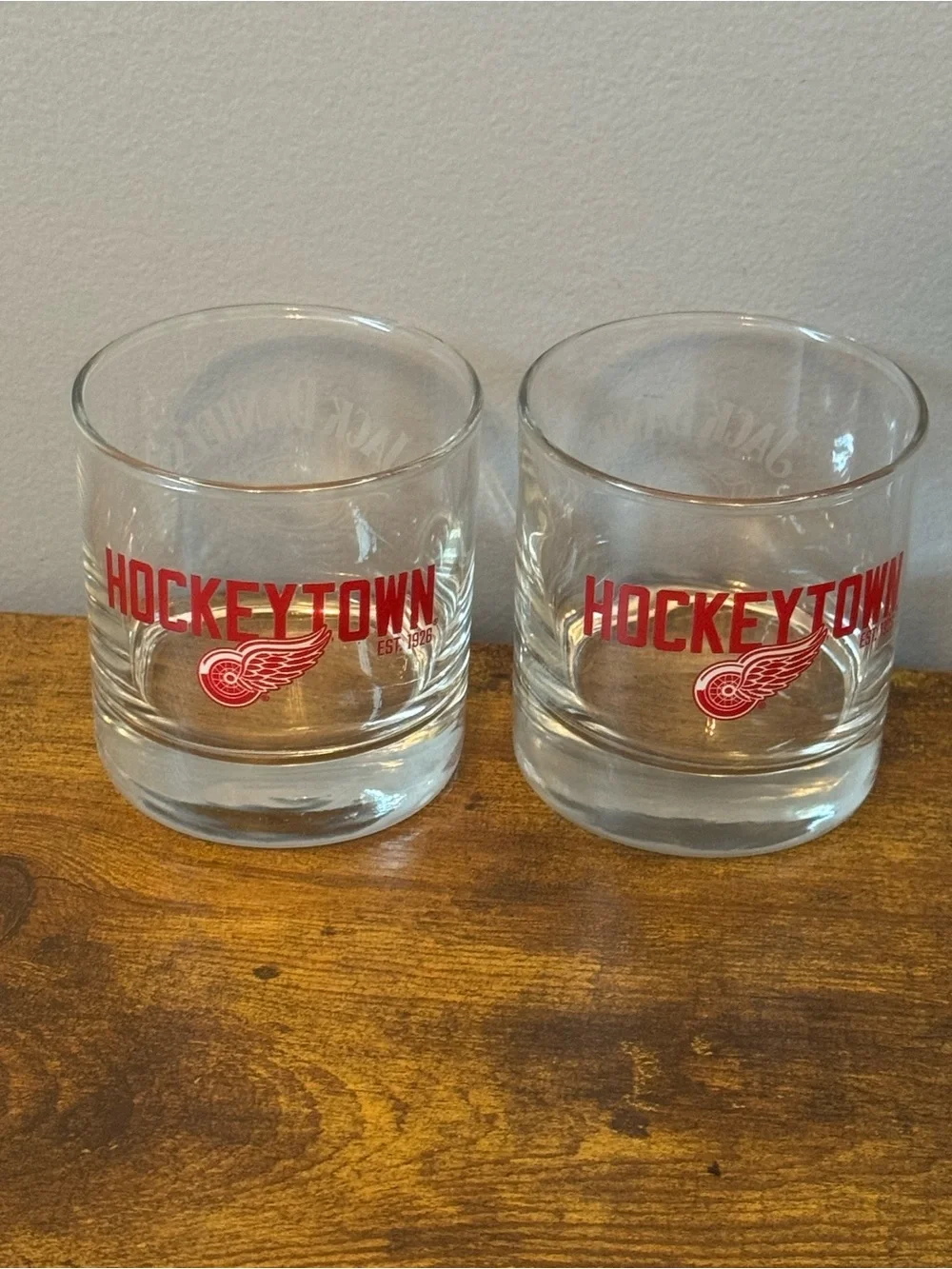 Vintage Detroit Red Wings Hockeytown Jack Daniel’s Old No. 7 Rocks Glass Set‎